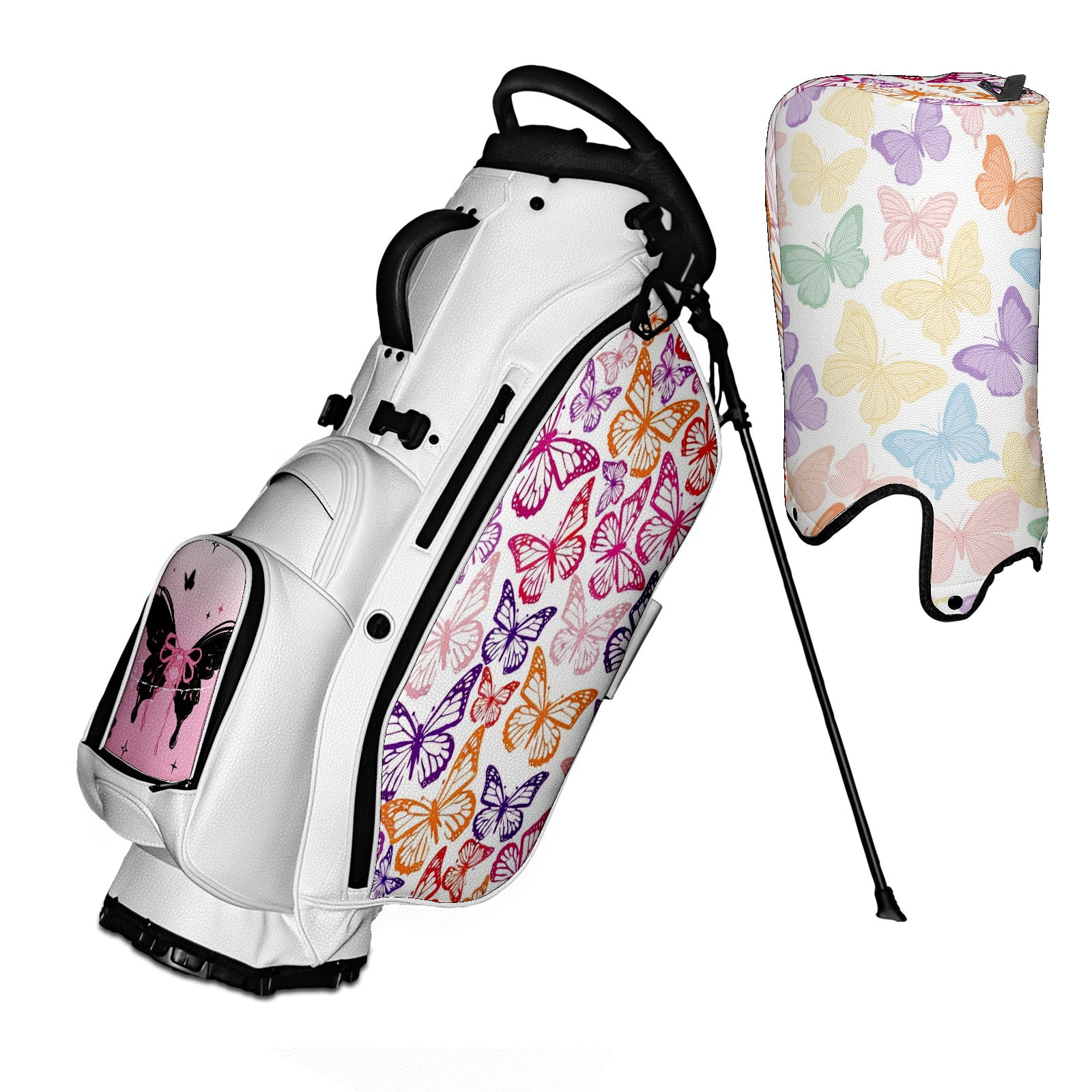 5 Ways Divider Golf Bag Waterproof Leather Golf Stand Bag Large Capacity & Versatile Personalized Customized Printing Golf Club Bag for Men Women Black-spotted Butterfly