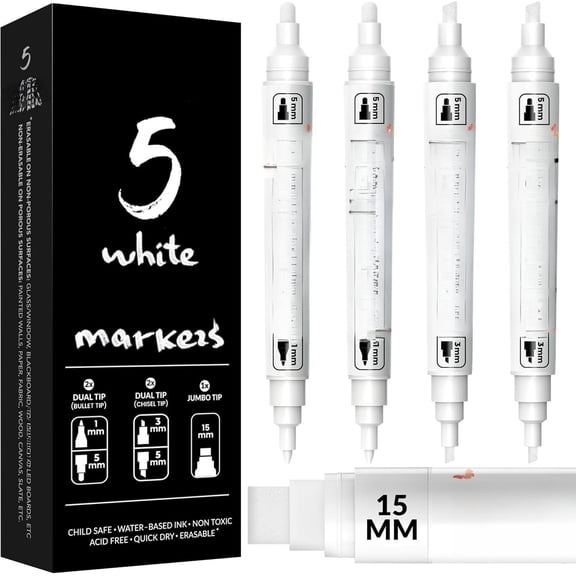 5 White Chalk Markers - Dual tip, Fine &  Tip (1mm, 3mm, 5mm, 15mm) | Erasable Liquid Chalk Pens for Blackboard, Chalkboard Signs,  Window, Bistro, Glass | Washable Chalkboard Markers