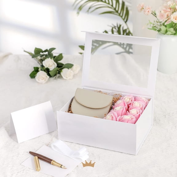 5 White Gift Boxes with Windows 9x6.5x3.8 Inches, 12pcs White Gift Bags with Transparent Window 10x4.5x11 Inches