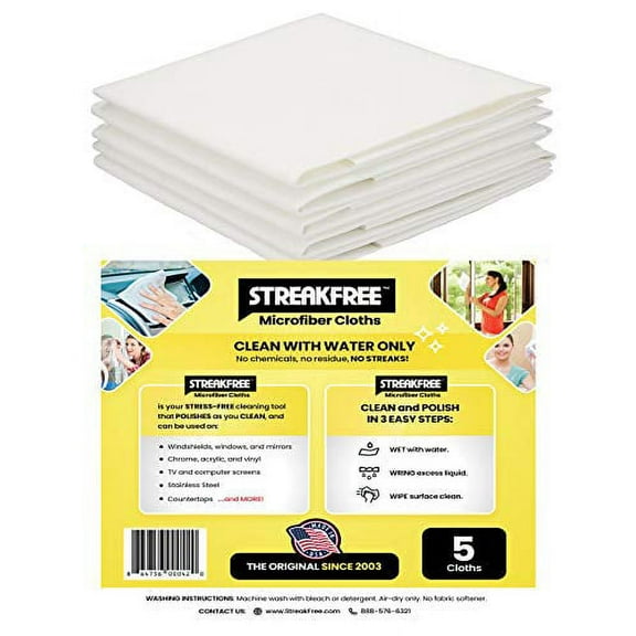 5 White STREAKFREE? Microfiber Glass and Mirror Cleaning Cloths 16 x 16 inches - Clean and Polish Glass Window Surfaces and Mirrors Without Chemicals - Leave No Streaks, Lint, Spots, or Smudges