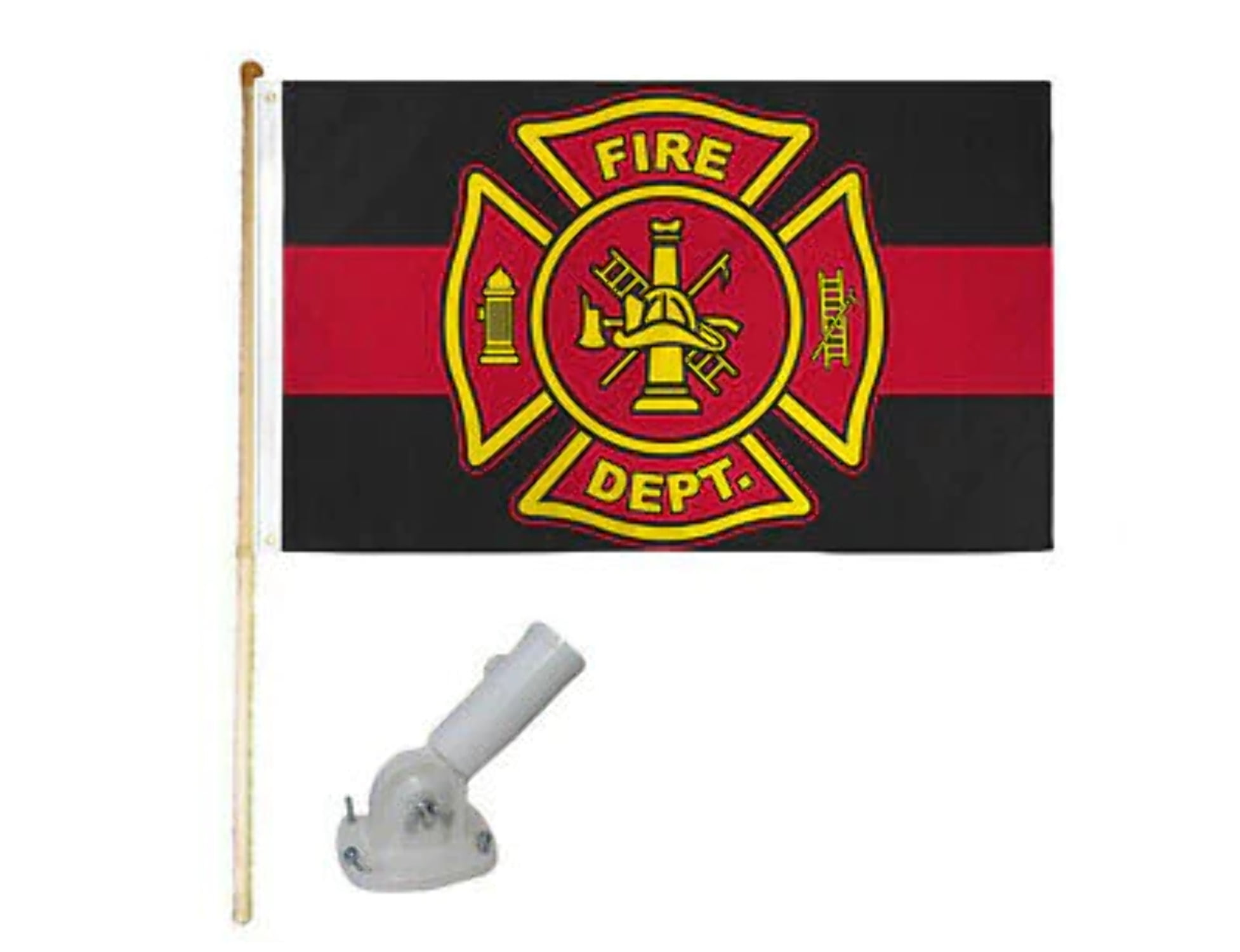 5' Wood Flag Pole Kit Nylon White Bracket 3x5 Fire Dept Thin Red Line