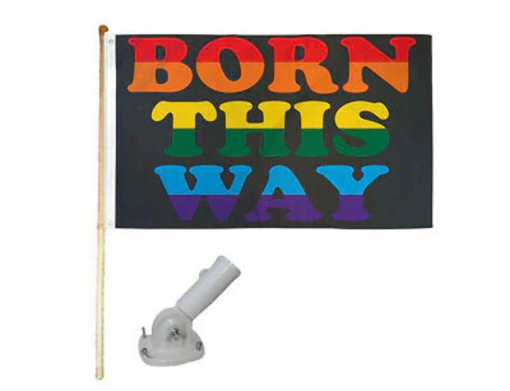 5' Wood Flag Pole Kit W/ Nylon White Bracket 3x5 Born This Way Rainbow