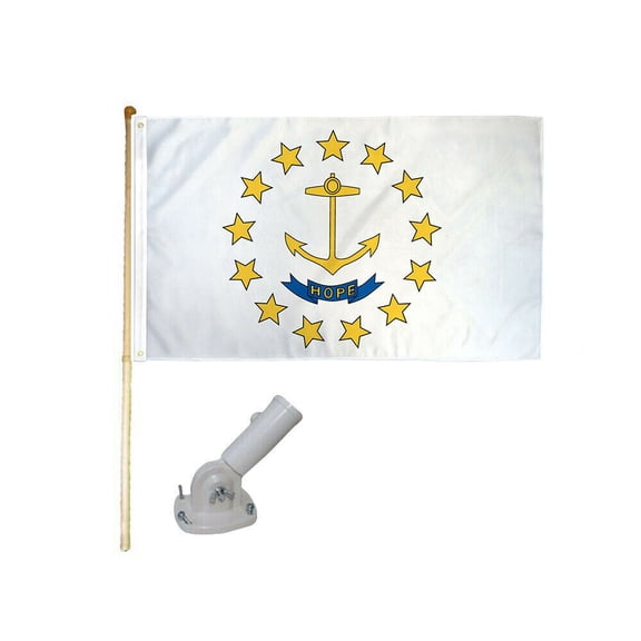 5' Wood Flag Pole Kit W/ Nylon White Bracket 3x5 State Of Rhode Island Poly Flag