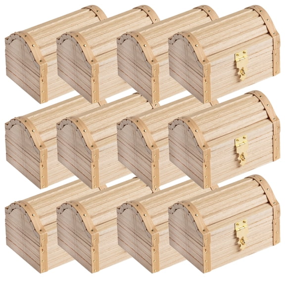 Make Market 5" Wood Treasure Chest - Unfinished Mini Wooden Boxes with Brass Hardware for DIY Crafts, Painting, Decorating, Storage & Party Favors, 12 Pack