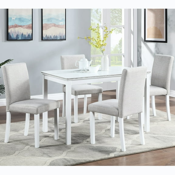 5 Wooden Dining In White. Rectangular Table With 4 Upholstered Chairs. Solid Wood & , Crystal Ornaments, Comfortable For White And Soft Chairs, Adornments Area