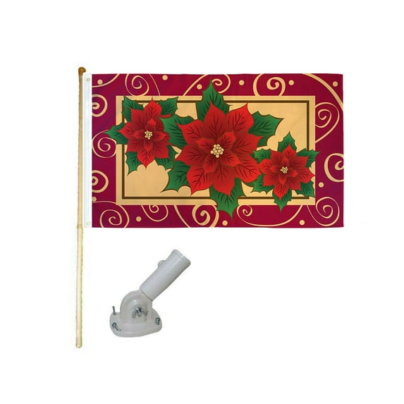 5' Wooden Flag Pole Kit W/ Nylon White Bracket 3x5 Poinsettias Polyester Flag