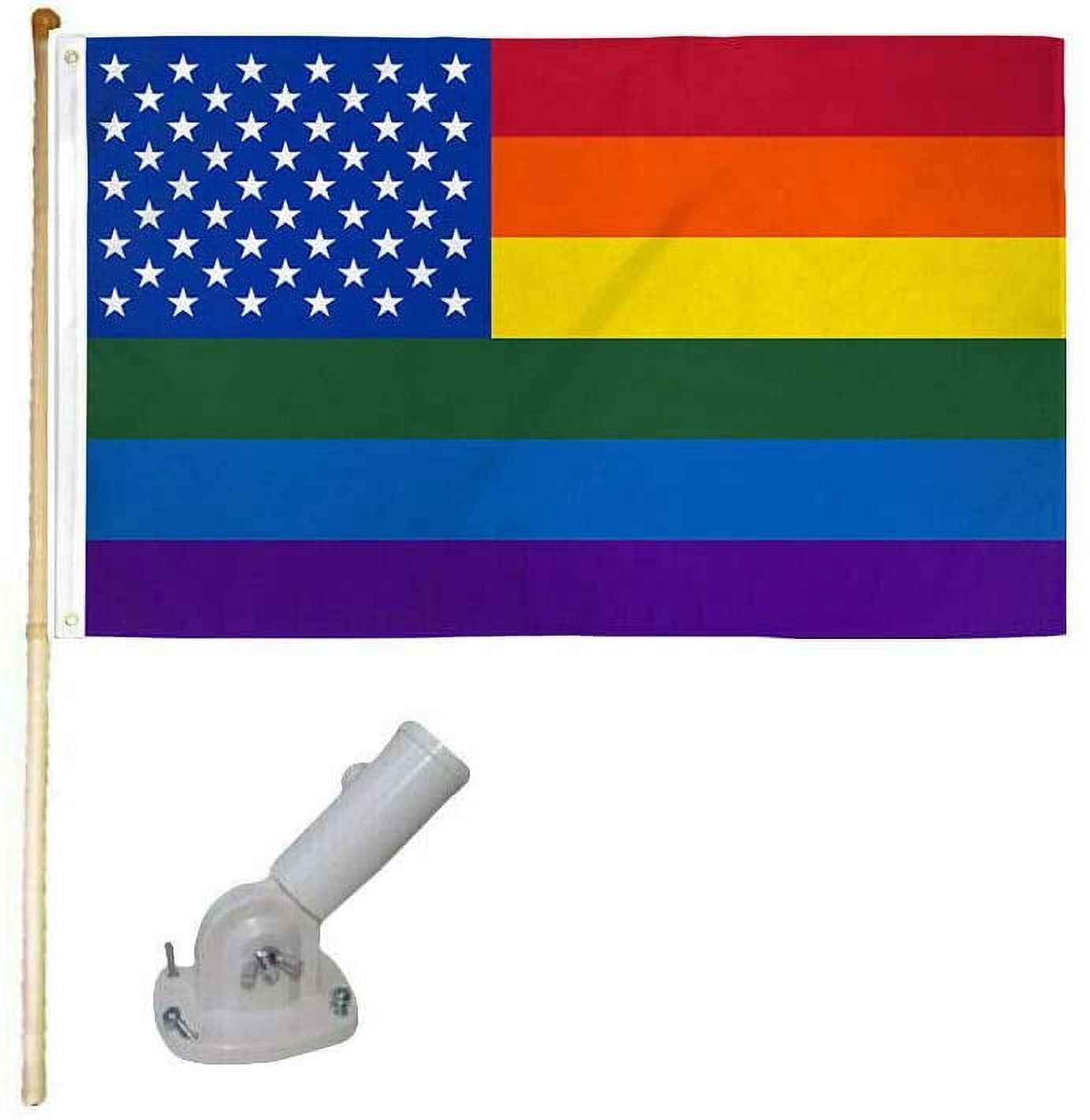5' Wooden Flag Pole Kit White Bracket 3x5 USA Rainbow Stars Poly Flag