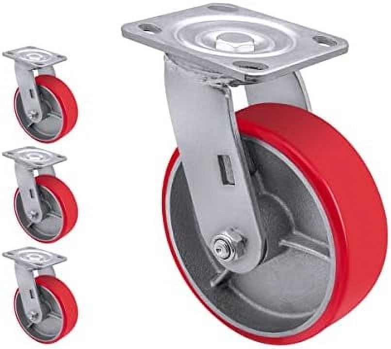 5 Inch Heavy Duty Caster Wheels Set Of 4 – 2000 Lbs Total Capacity, Swivel Plate Casters With Brakes, Polyurethane, For Workbenches, Furniture, Cabinets (Orange)