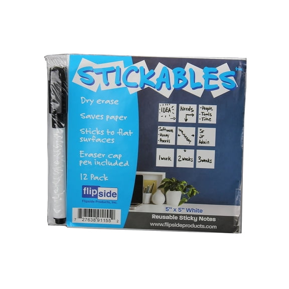 5" x 5" Stickables Repositionable Whiteboard w/ Dry Erase Marker - 1 Pack of 12 Sheets