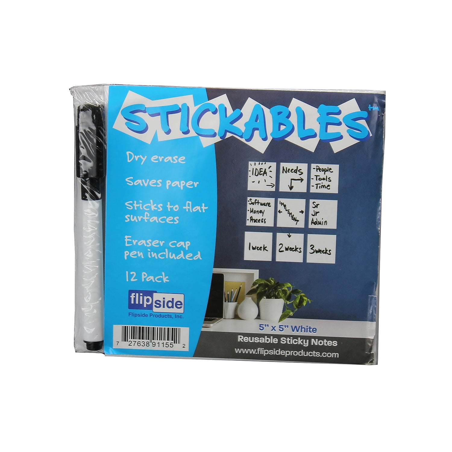 White Reusable 5" x 5" Dry Erase Sticky Notes with Marker Set