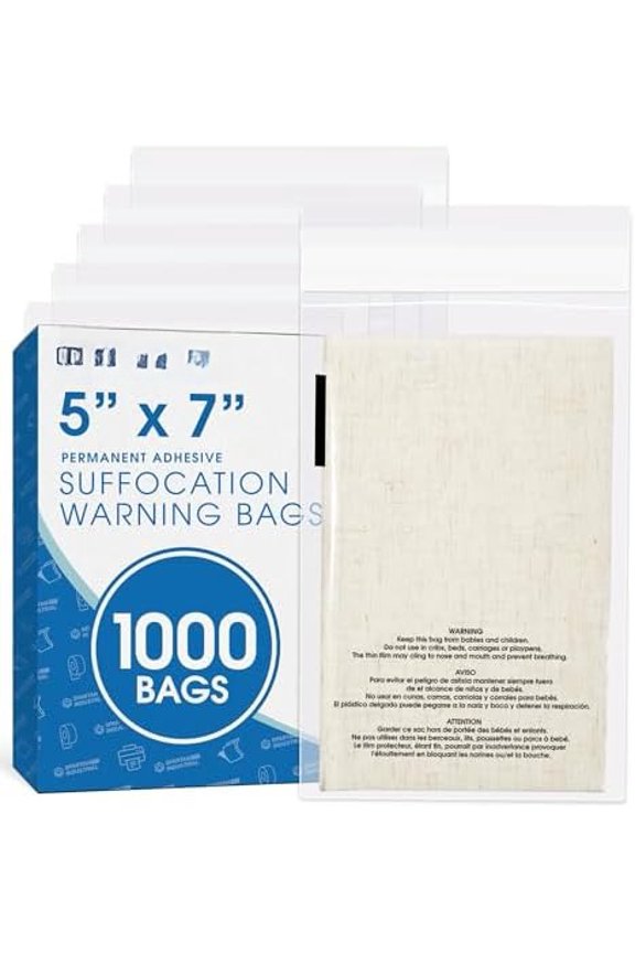 - 5” X 7” (1000 Count) Self Seal Clear Poly Bags with Suffocation Warning for Packaging, T Shirts - Permanent Adhesive