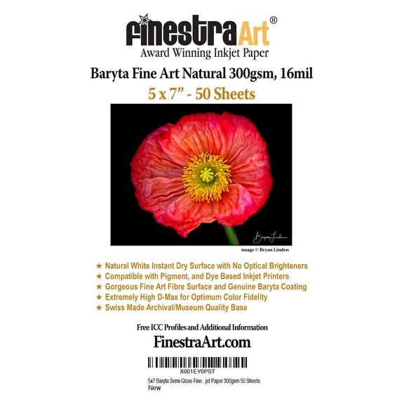 5" X 7" Baryta Semi-Gloss Fine Art Natural Inkjet Paper - 50 Sheets