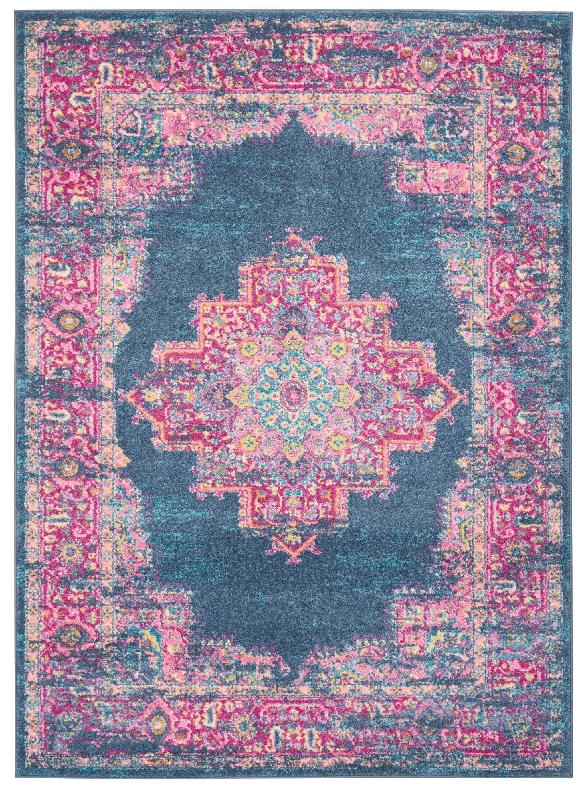 Traditional Floral Blue Synthetic 5' x 7' Easy-Care Area Rug