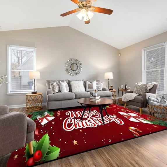 5' X 7' Christmas Rug Merry Xmas Door Mat Non-Slip Indoor Outdoor Front Door Doormat Living Room Bedroom Entrance Rug Happy Xmas Home Festive Decoration