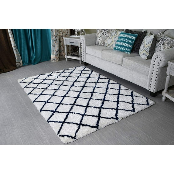 5 X 7' Creamy White Blue Shag Rug - Moroccan Trellis Design Shaggy Rug - Contemporary Living Room & Bedroom Soft Handmade Area Rug by MystiqueDecors