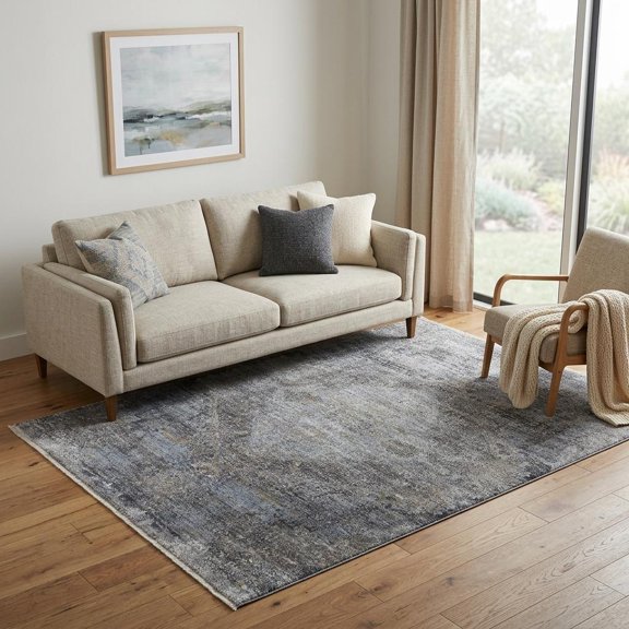 5' X 7' Gray and Silver Abstract Power Loom Worn Faded Area Rug