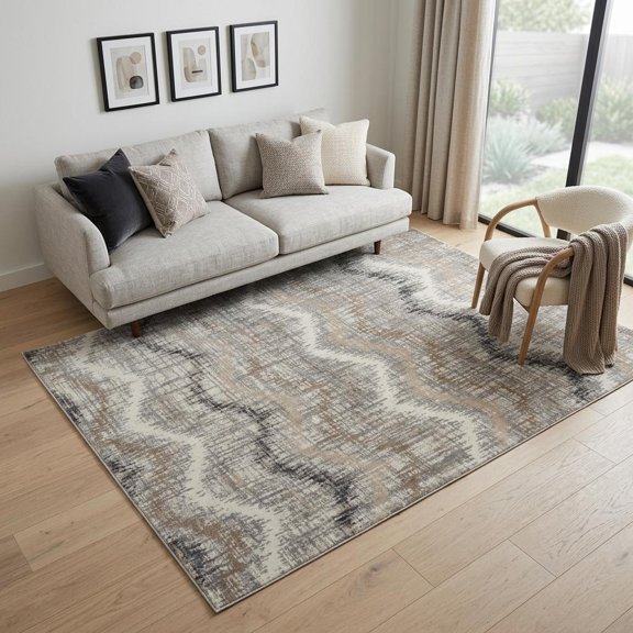 5' X 7' Ivory Gray and Brown Chevron Non Skid Area Rug