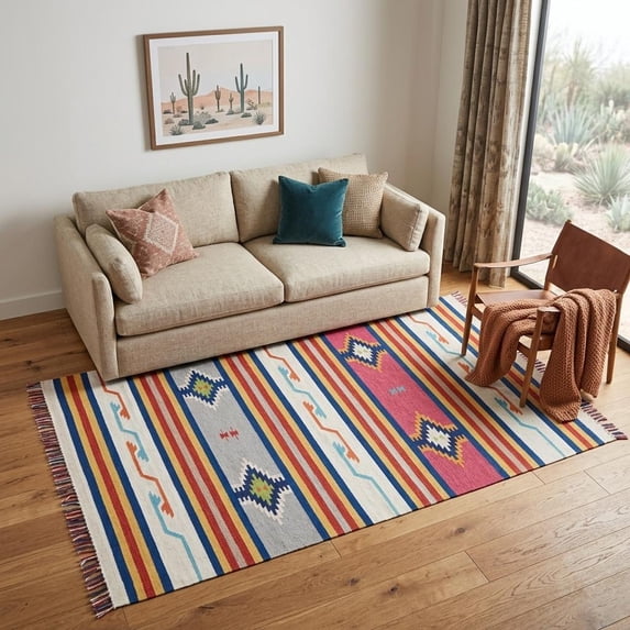 5' X 7' Ivory Southwestern Handmade Area Rug With Fringe