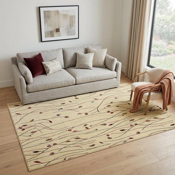 5' X 7' Red and Ivory Floral Power Loom Area Rug