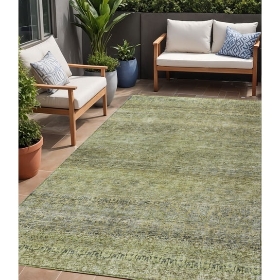 HomeRoots 605760 5 x 8 ft. Artichoke Green, Brown & Gray Striped Washable Indoor & Outdoor Rectangle Area Rug