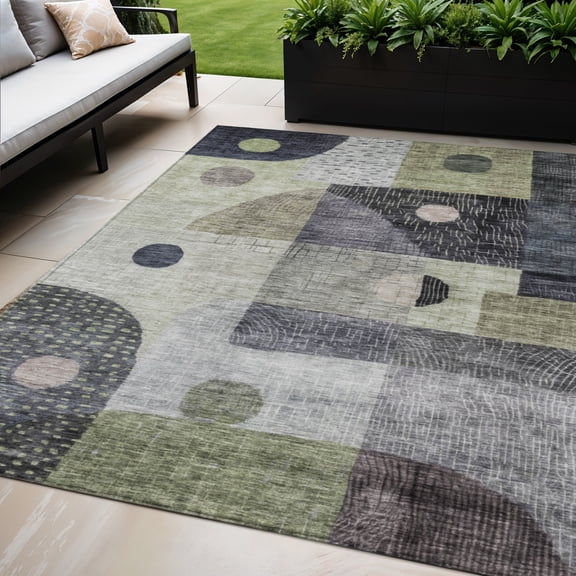HomeRoots 604391 5 x 8 ft. Artichoke Green, Gray & Charcoal Geometric Washable Indoor & Outdoor Rectangle Area Rug