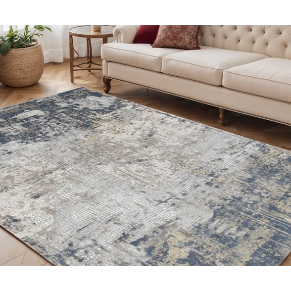 5' X 8' Beige Dark Blue And Gray Abstract Area Rug