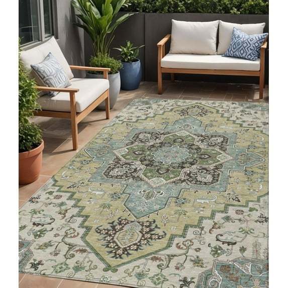 HomeRoots 600133 5 x 8 ft. Beige, Green & Brown Oriental Washable Indoor & Outdoor Rectangle Area Rug
