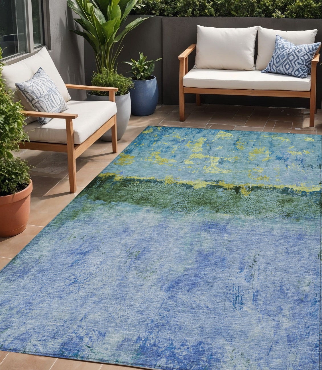 HomeRoots 618602 5 x 8 ft. Blue & Lime Green Abstract Washable Indoor & Outdoor Rectangle Area Rug