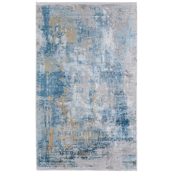 5' X 8' Blue Gold and Gray Abstract Power Loom Area Rug With Fringe