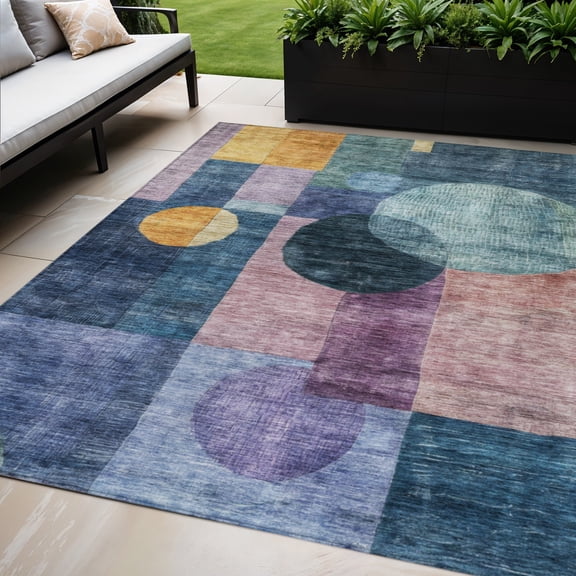 HomeRoots 604313 5 x 8 ft. Blue, Green & Copper Geometric Washable Indoor & Outdoor Rectangle Area Rug