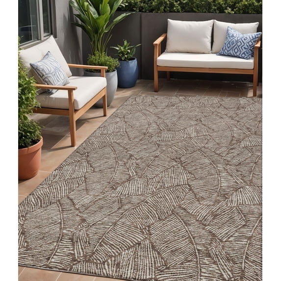 5' X 8' Brown And Beige Floral Washable Indoor Outdoor Area Rug