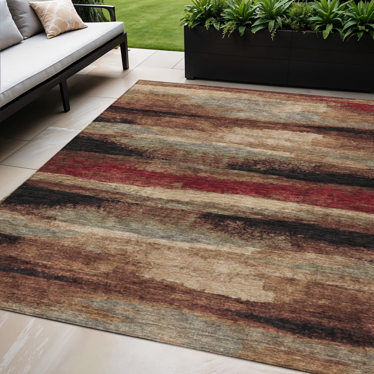 HomeRoots 612528 5 x 8 ft. Brown, Beige & Burgundy Abstract Washable Indoor & Outdoor Rectangle Area Rug