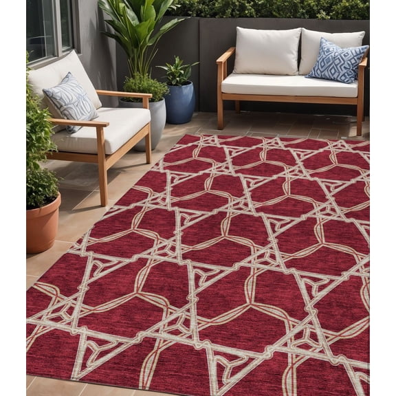 HomeRoots 613471 5 x 8 ft. Burgundy & Gold Geometric Washable Indoor & Outdoor Rectangle Area Rug