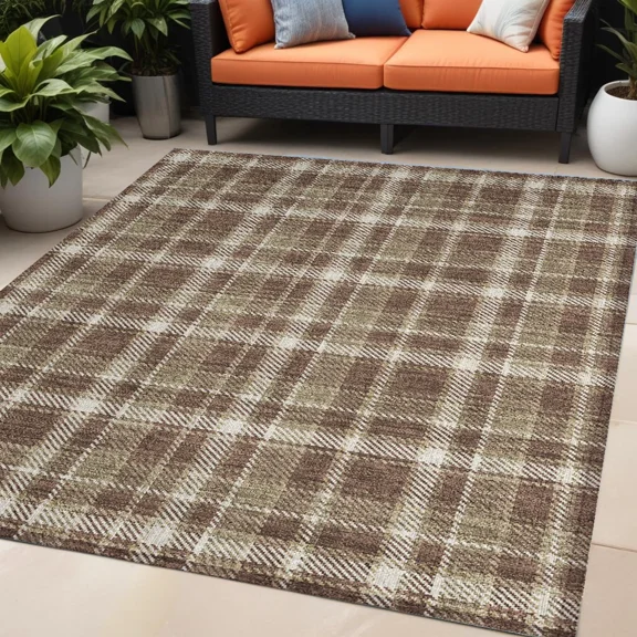 5' X 8' Chocolate and Ivory Plaid Washable Non Skid Indoor Outdoor Area Rug