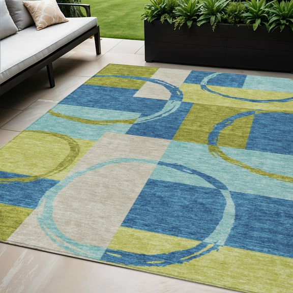 HomeRoots 612576 5 x 8 ft. Denim Blue & Lime Green Geometric Washable Indoor & Outdoor Rectangle Area Rug