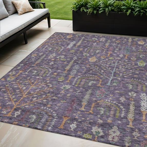 HomeRoots 605266 5 x 8 ft. Eggplant, Terra Cotta & Green Floral Washable Indoor & Outdoor Rectangle Area Rug