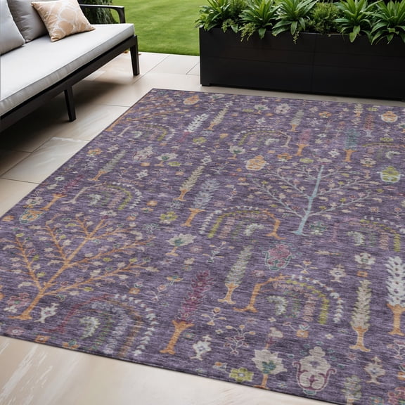 HomeRoots 605266 5 x 8 ft. Eggplant, Terra Cotta & Green Floral Washable Indoor & Outdoor Rectangle Area Rug