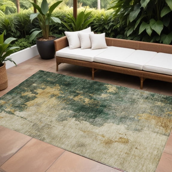 HomeRoots 603054 5 x 8 ft. Fern Green & Gold Abstract Washable Indoor & Outdoor Rectangle Area Rug