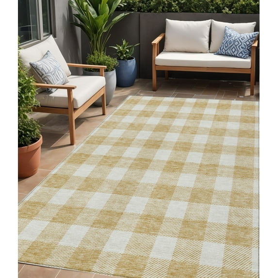 5' X 8' Gold And Beige Plaid Washable Indoor Outdoor Area Rug
