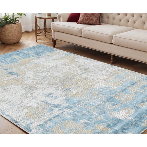 5' X 8' Gold Sky Blue And Ivory Abstract Area Rug