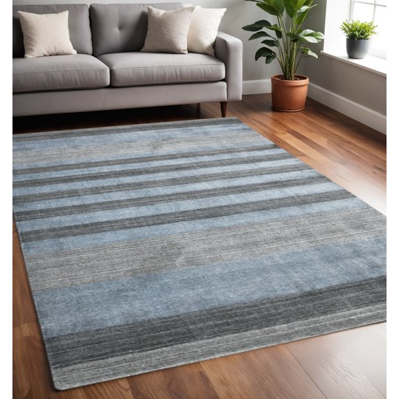 5' X 8' Gray And Light Blue Wool Striped Hand Woven Area Rug
