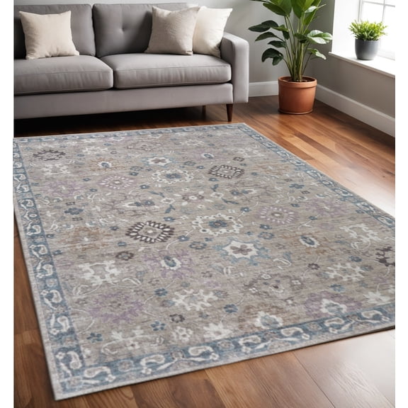 5' X 8' Gray Blue And Taupe Floral Distressed Area Rug