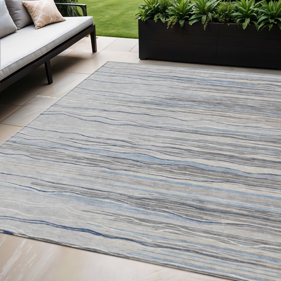 5' X 8' Gray Silver And Blue Striped Washable Indoor Outdoor Area Rug