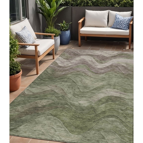 HomeRoots 618167 5 x 8 ft. Green & Taupe Abstract Washable Indoor & Outdoor Rectangle Area Rug