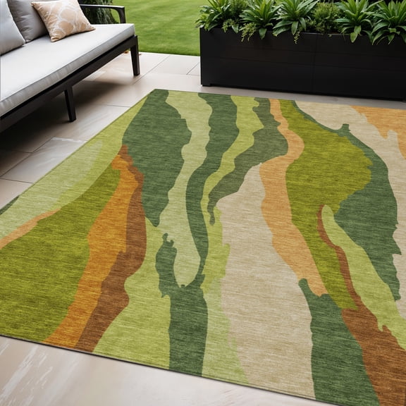 HomeRoots 600967 5 x 8 ft. Green, Beige & Copper Abstract Washable Indoor & Outdoor Rectangle Area Rug
