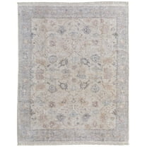 5' X 8' Ivory Tan and Blue Floral Hand Woven Distressed Area Rug With Fringe