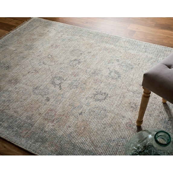 HomeRoots 566215 2 x 3 ft. Floral Hand Woven Distressed Rectangle Area Rug with Fringe, Ivory, Tan & Blue