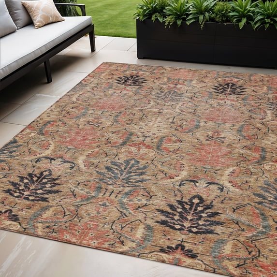 HomeRoots 603318 5 x 8 ft. Khaki, Terra Cotta & Black Damask Washable Indoor & Outdoor Rectangle Area Rug
