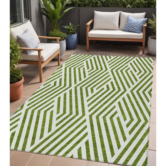 5' X 8' Lime Green and White Geometric Washable Non Skid Indoor Outdoor Area Rug