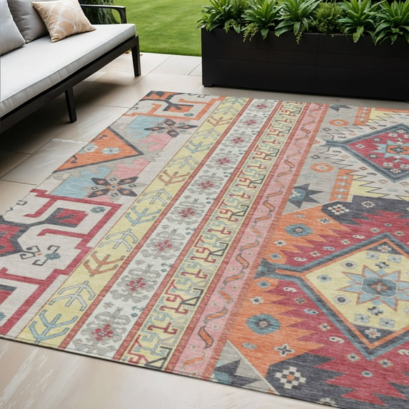 HomeRoots 598473 5 x 8 ft. Linen Pink & Yellow Aztec Washable Indoor & Outdoor Rectangle Area Rug